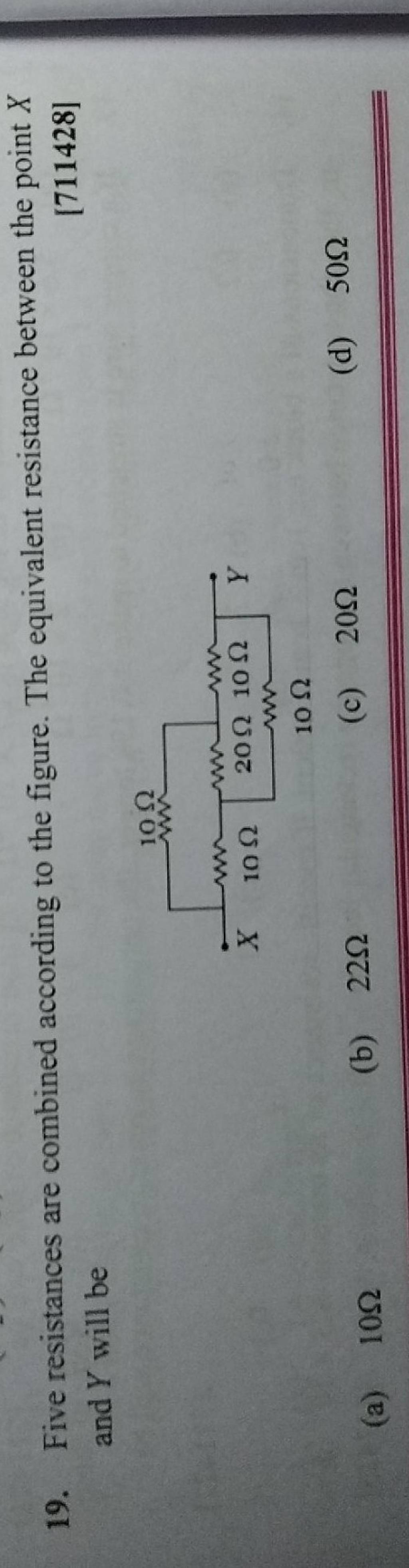 Five resistances are combined according to the figure. The equivalent res..