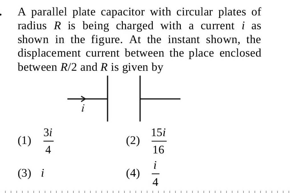 A parallel plate capacitor with circular plates of radius R is being char..
