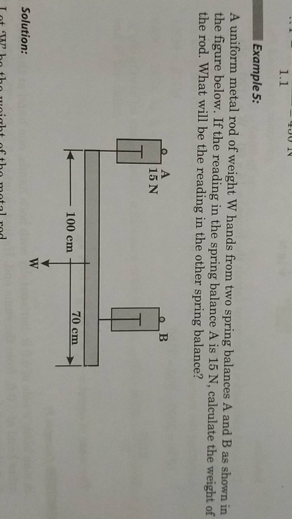 Example5: A uniform metal rod of weight W hands from two spring balances