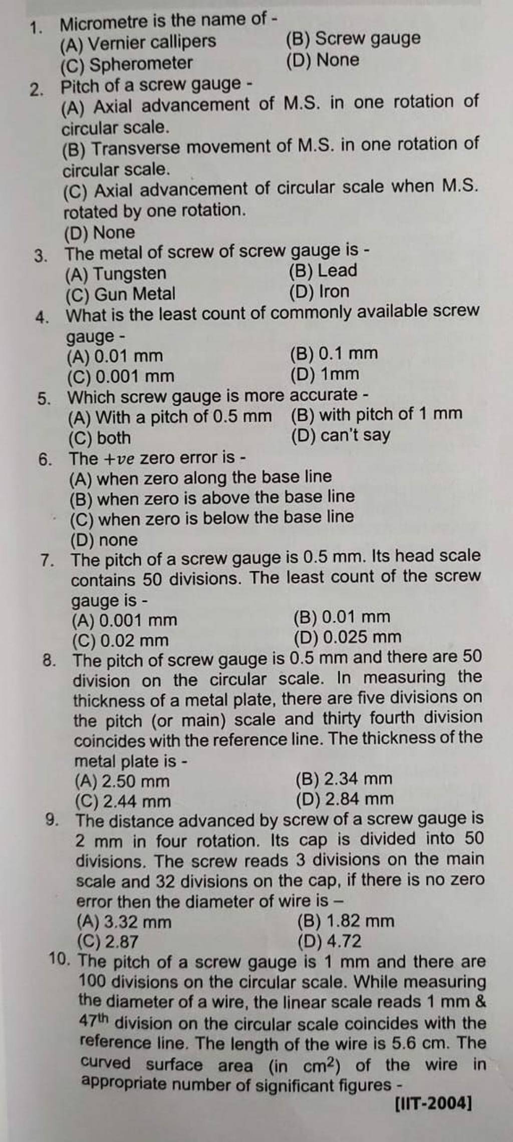 What is the least count of commonly available screw gauge Filo