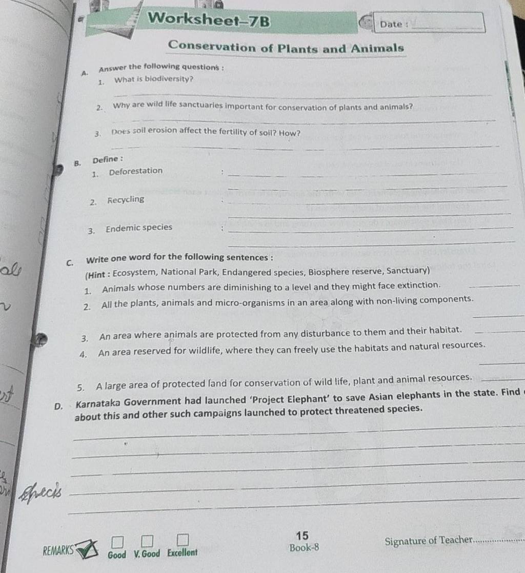 Conservation of Plants and Animals A. Answer the following questions :..