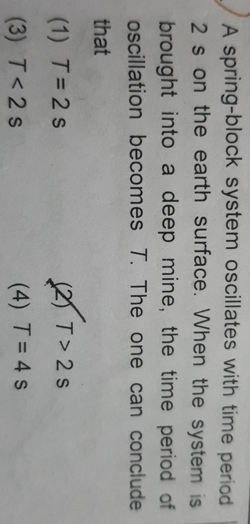 A springblock system oscillates with time period 2s on the earth surface..