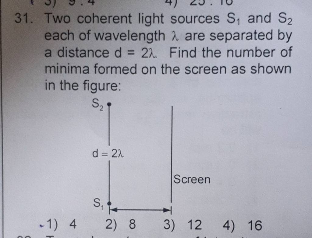 Two coherent light sources S1 and S2 each of wavelength λ are separated..