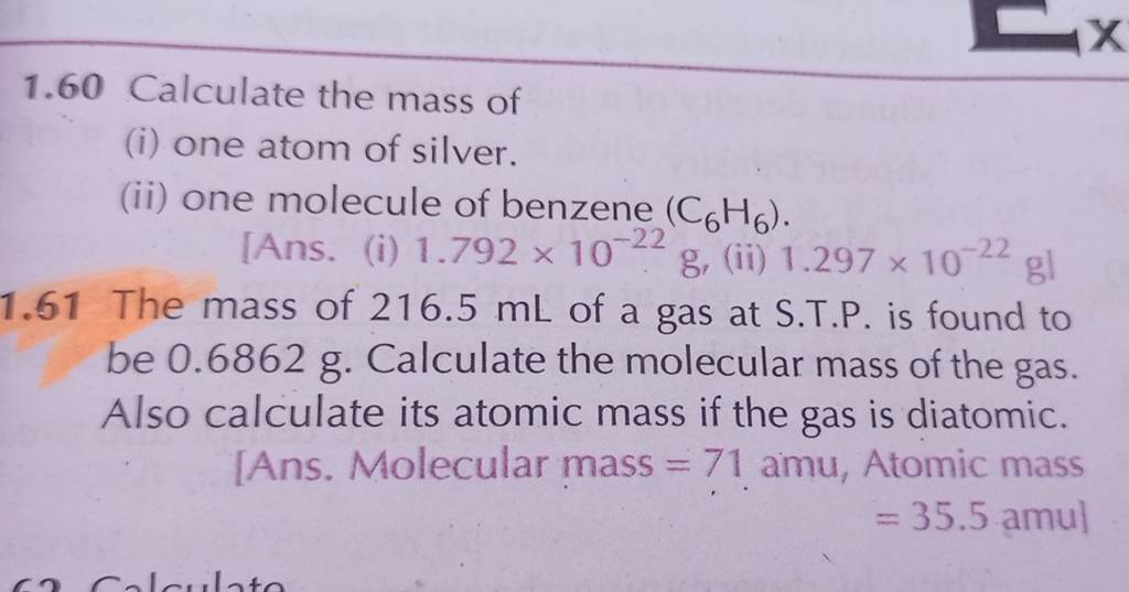 calculate the mass of one atom of silver one molecule of benzene