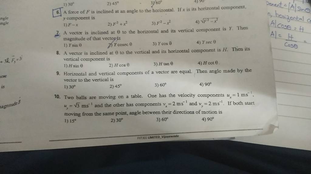 Horizontal and vertical components of a vector are equal then angle made 