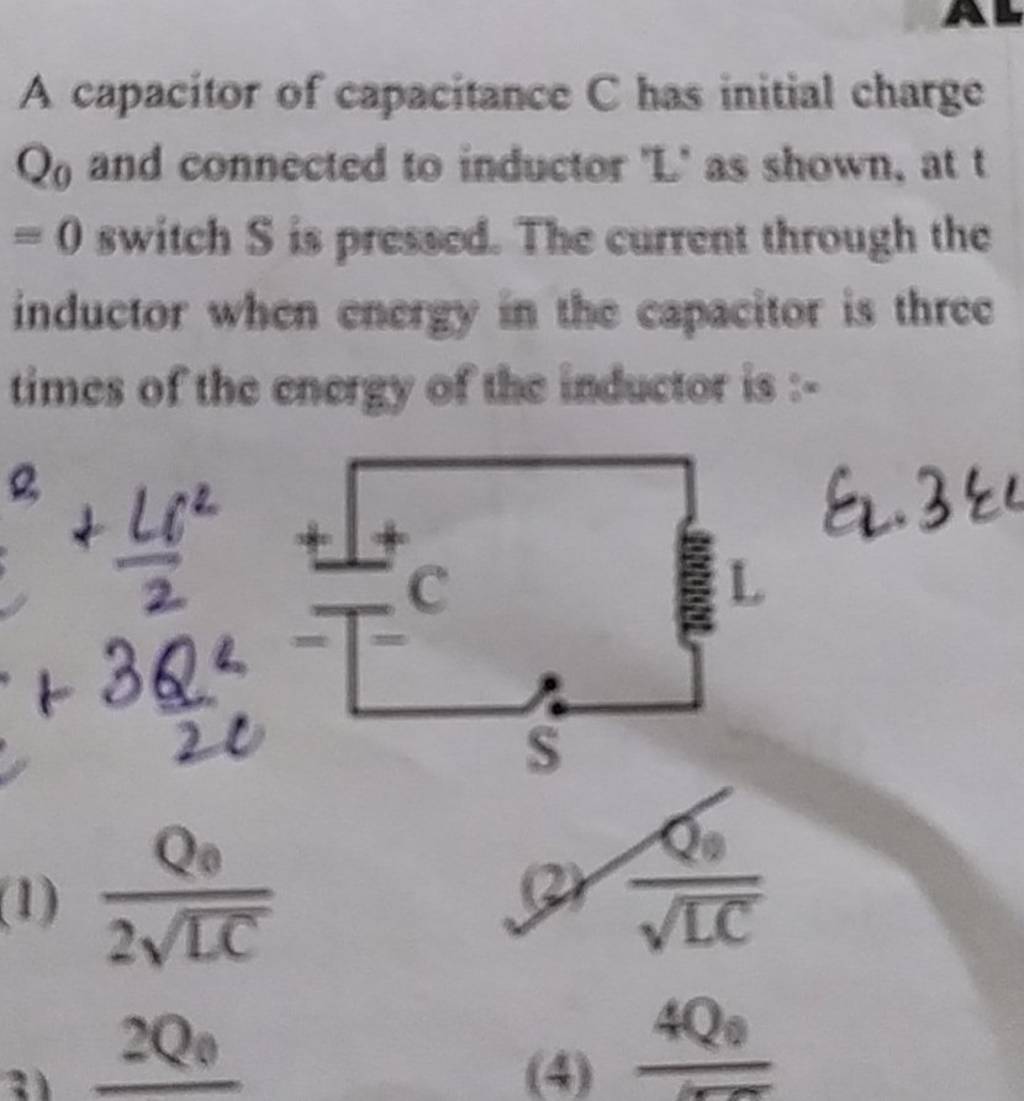 a-capacitor-of-capacitance-c-has-initial-charge-q0-and-connected-to-indu