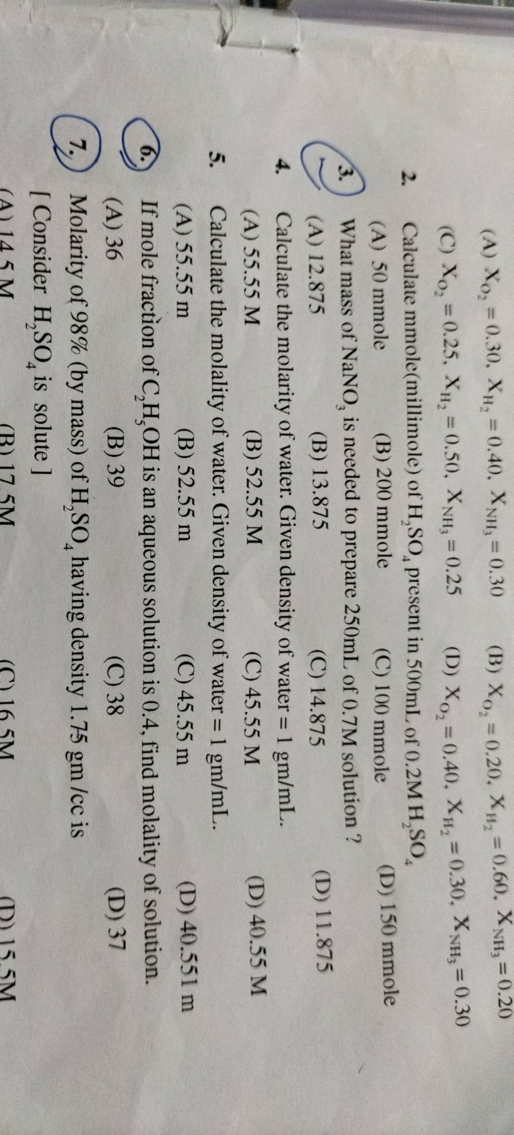 Calculate the molality of water. Given density of water =1gm/mL. | Filo