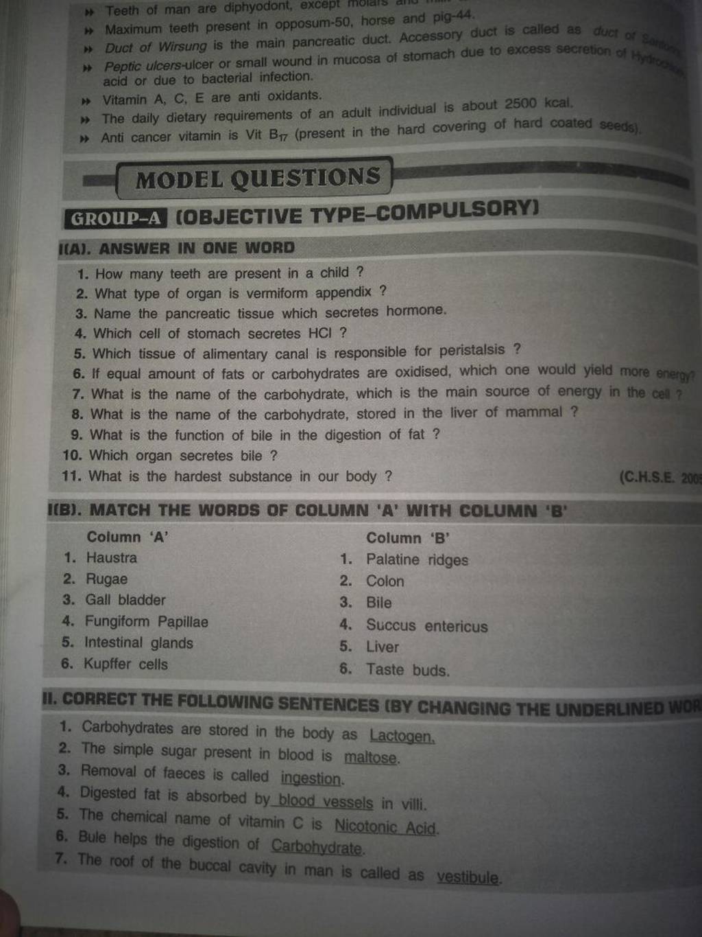 (C.H.S.E. 200: IfB). MATCH THE WORDS OF COLUMN 'A' WITH COLUMN 'B' Column..