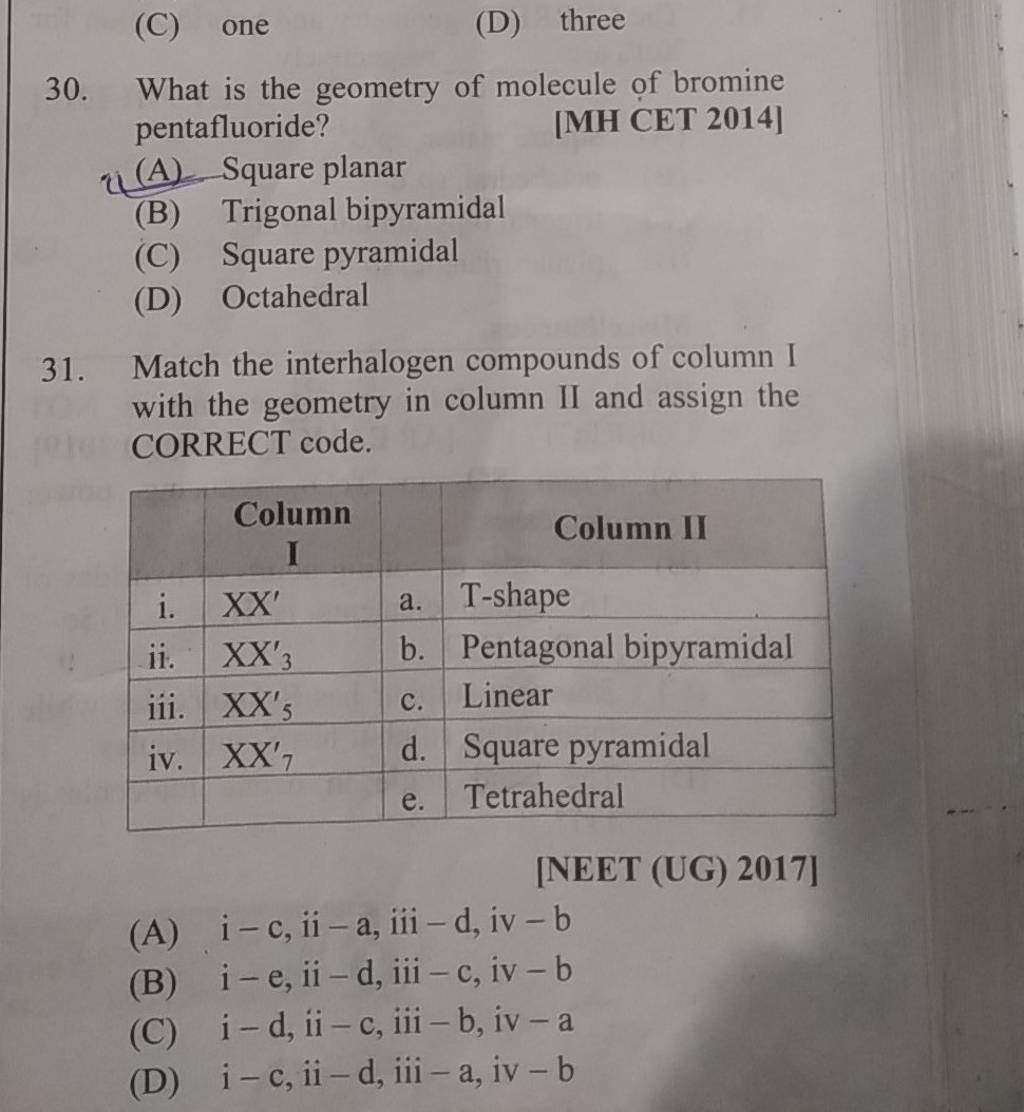 What is the geometry of molecule of bromine pentafluoride? [MH CET 2014]..
