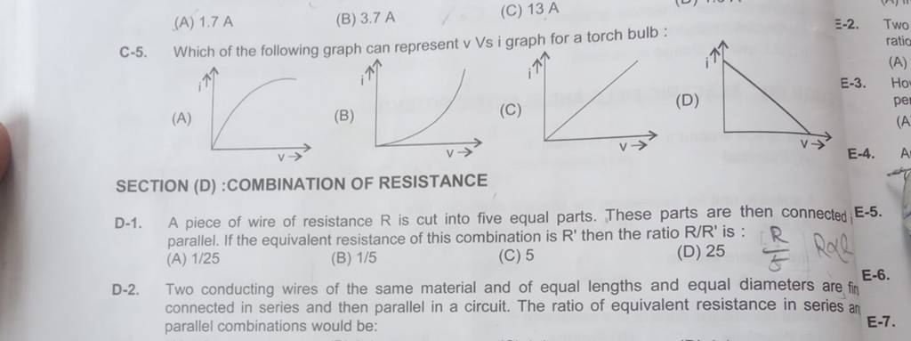 C-5. Which of the following graph can represent v Vs i graph for a torch