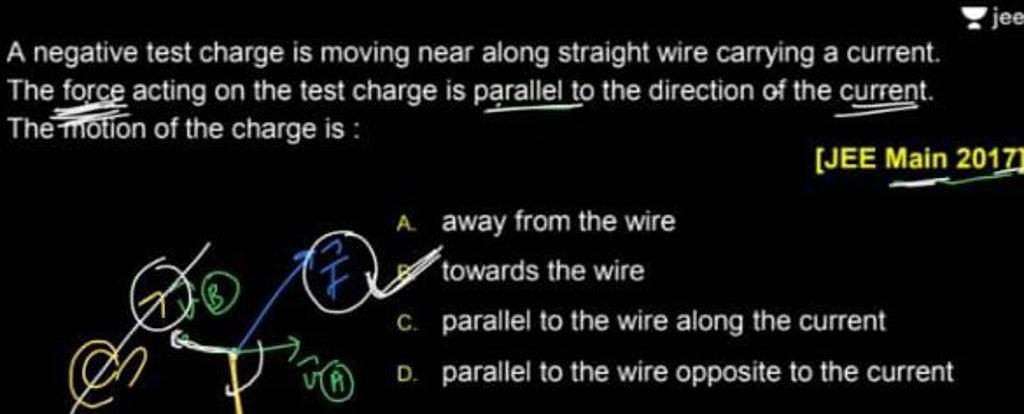 a-negative-test-charge-is-moving-near-along-straight-wire-carrying-a-curr