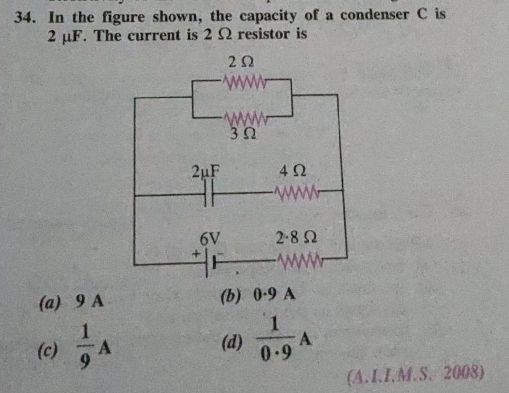 In the figure shown, the capacity of a condenser C is 2μF. The current is..