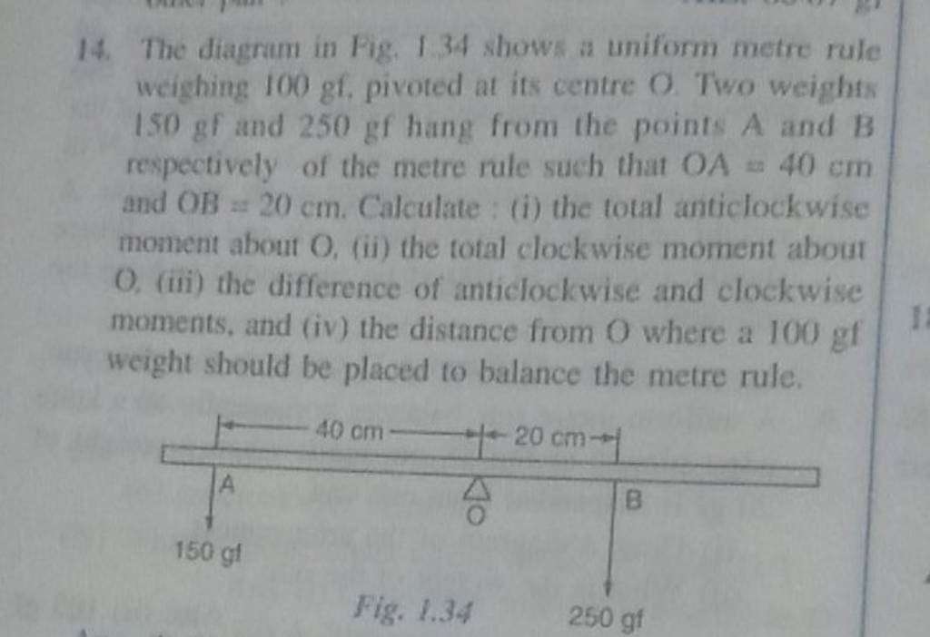 14. The diagram in Fig, 134 shows a uniform metre rule weighing 100gf. pi..