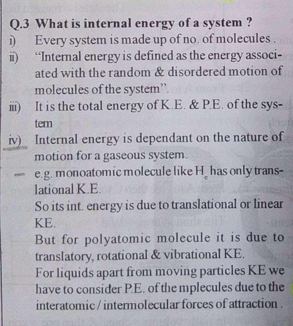 Q 3 what is internal energy of a system filo