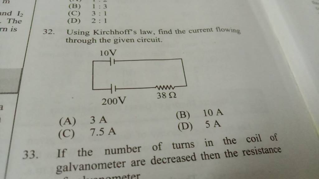 Using Kirchhoff's law, find the current flowing through the given circuit..