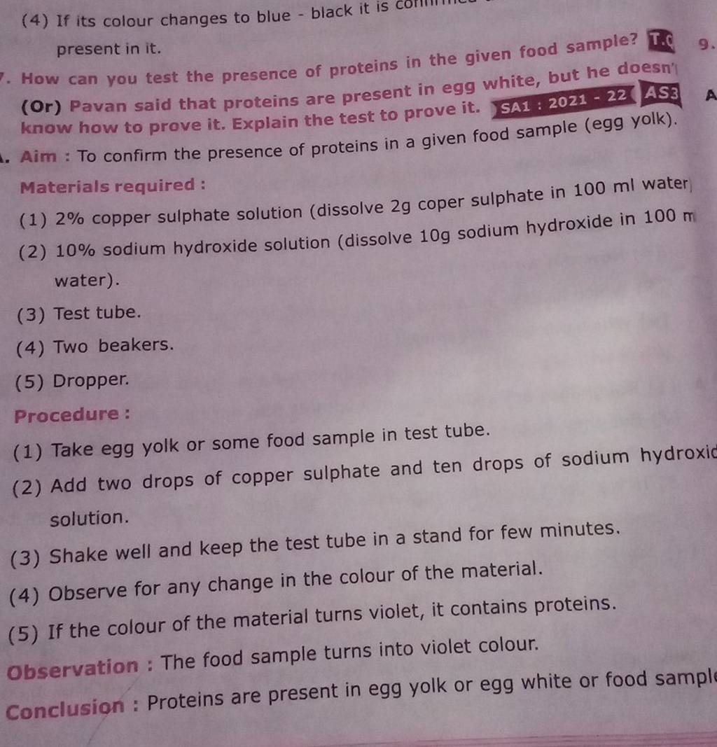 How can you test the presence of proteins in the given food sample? T.C