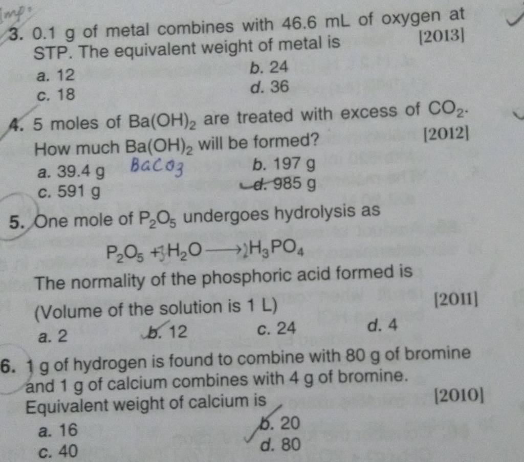 0.1 g of metal combines with 46.6 mL of oxygen at STP. The equivalent wei..