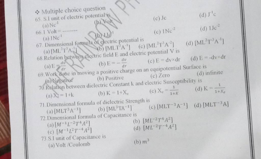 70 Relation between dielectric Constant k and electric Susceptibility is..