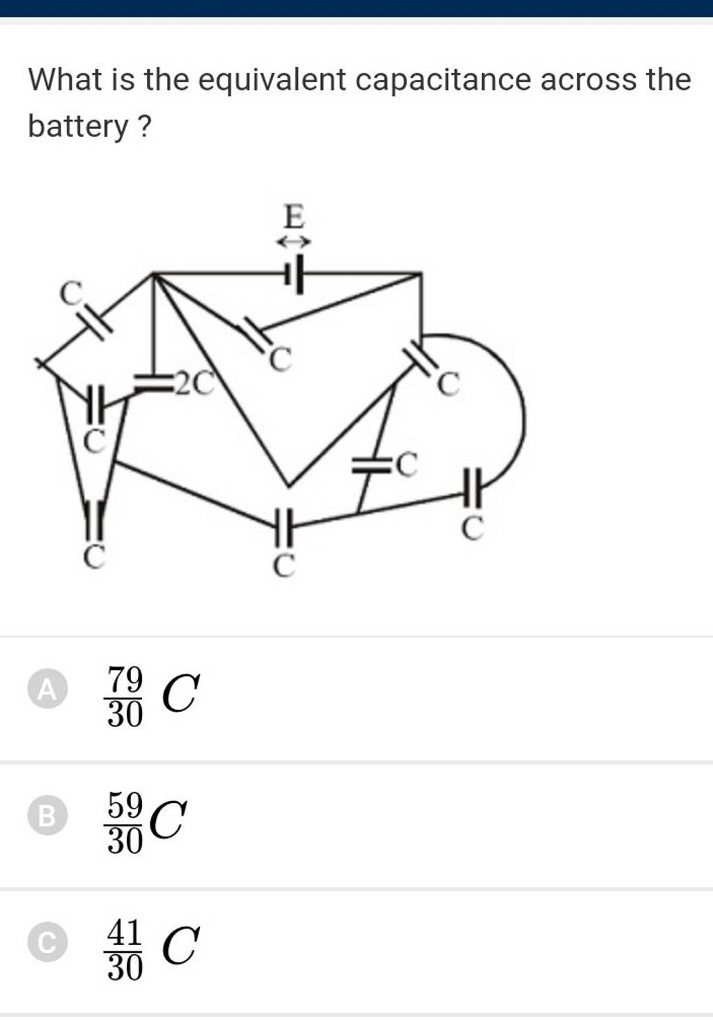 What is the equivalent capacitance across the battery? (A) 3079 C B) 3059..