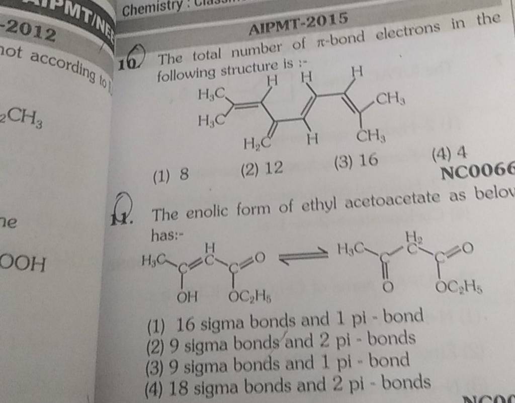 AllMMT-2015 10. The total number of π-bond electrons in the following str..