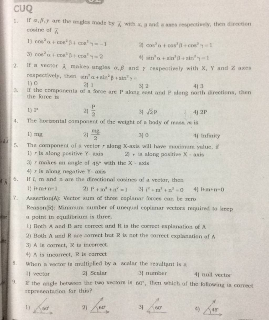 The horizontal component of the weight of a body of mass m is filo