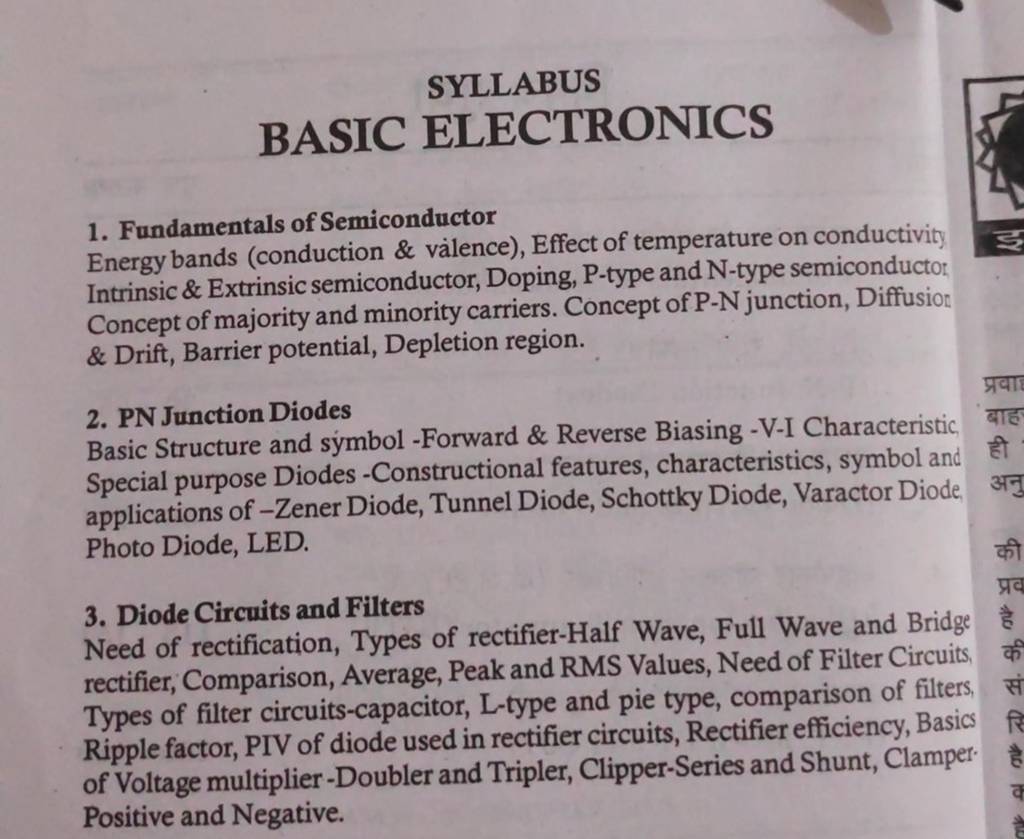 SYLLABUS BASIC ELECTRONICS 1. Fundamentals of Semiconductor Energy bands