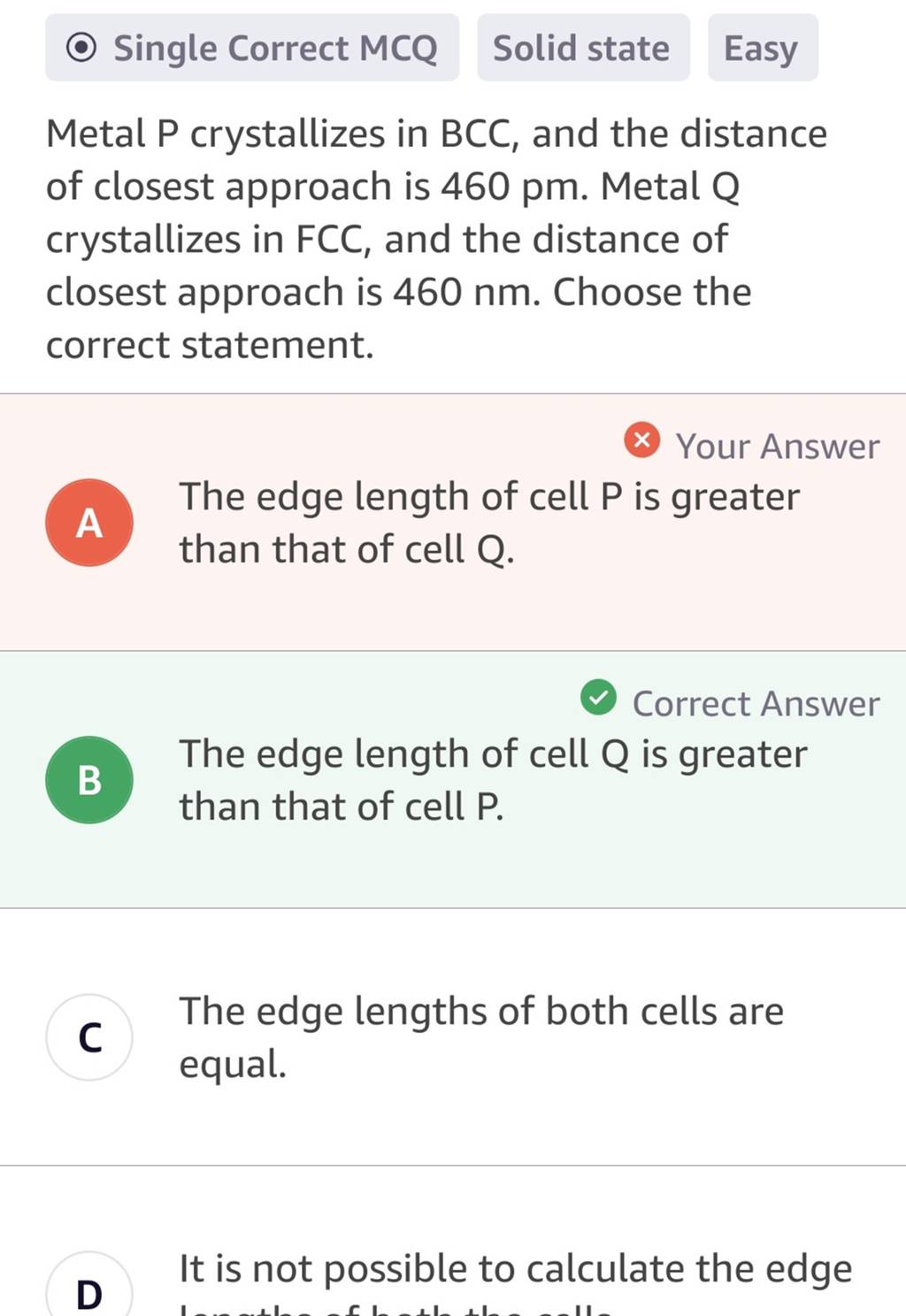  Single Correct MCQ Solid state Easy Metal P crystallizes in BCC, and th..