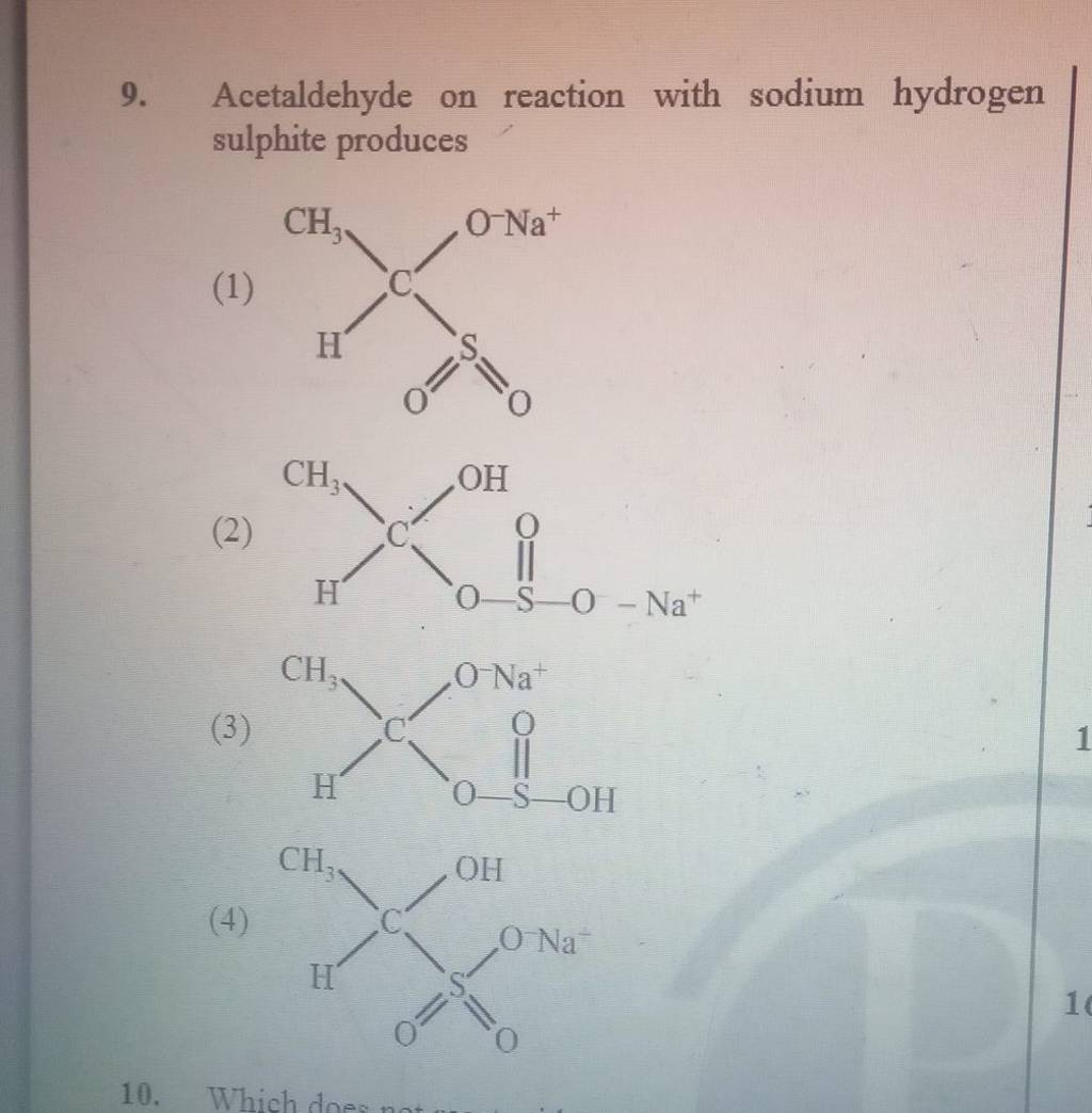 Acetaldehyde on reaction with sodium hydrogen sulphite produces | Filo