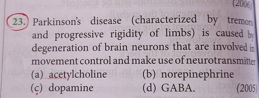 (23.) Parkinson's disease (characterized by tremors and progressive rigid..