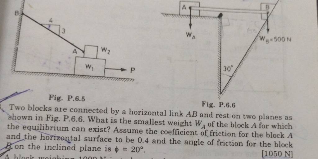 Two blocks are connected by a horizontal link AB and rest on two planes a..