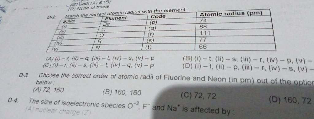 D.3. Choose the correct order of atomic radii of Fluorine and Neon (in pm..