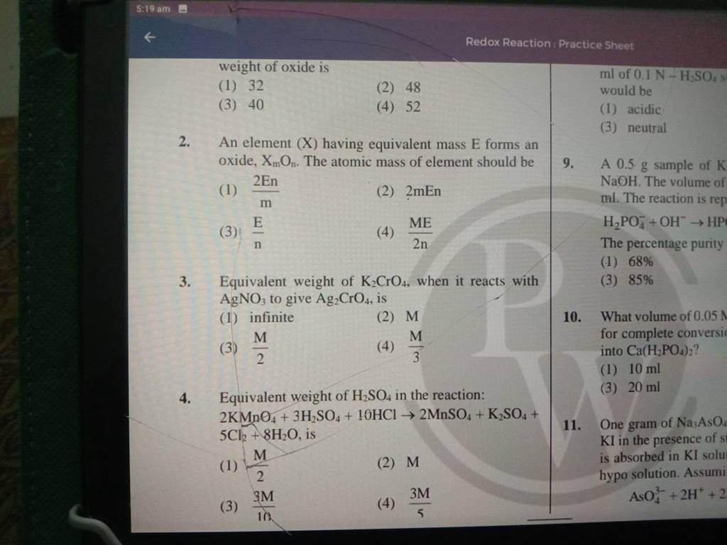 Redox Reaction Practice Sheet weight of oxide is Filo