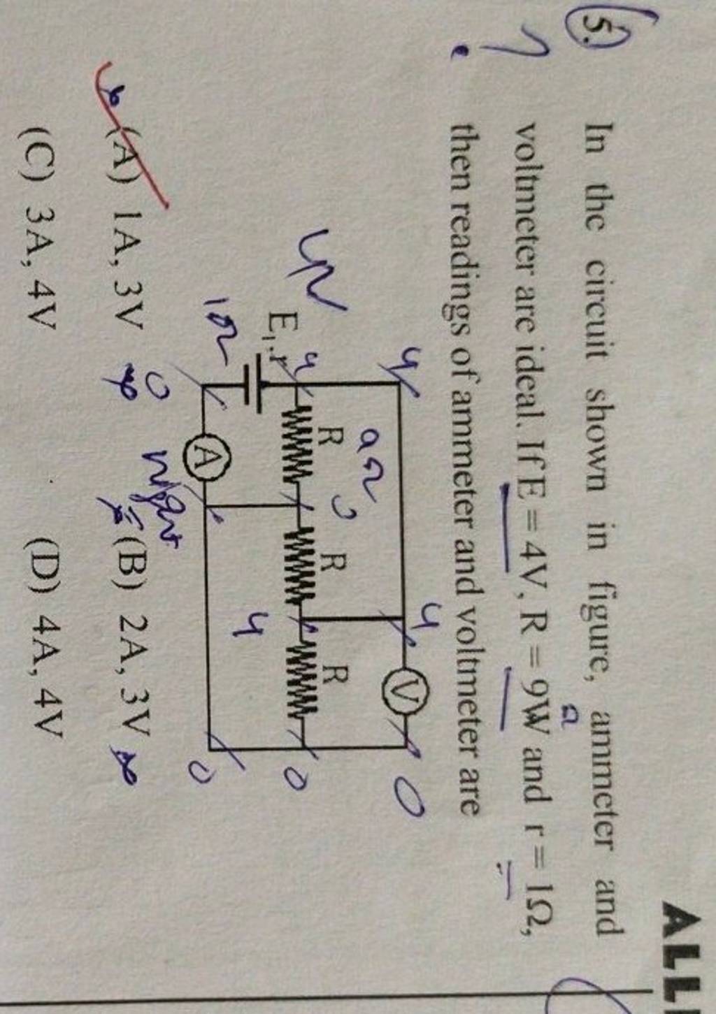 (5.) In the circuit shown in figure, ammeter and η voltmeter are ideal. I..