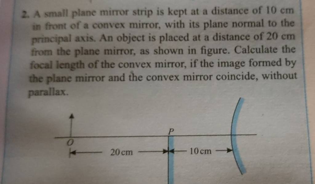 2. A small plane mirror strip is kept at a distance of 10 cm in front of