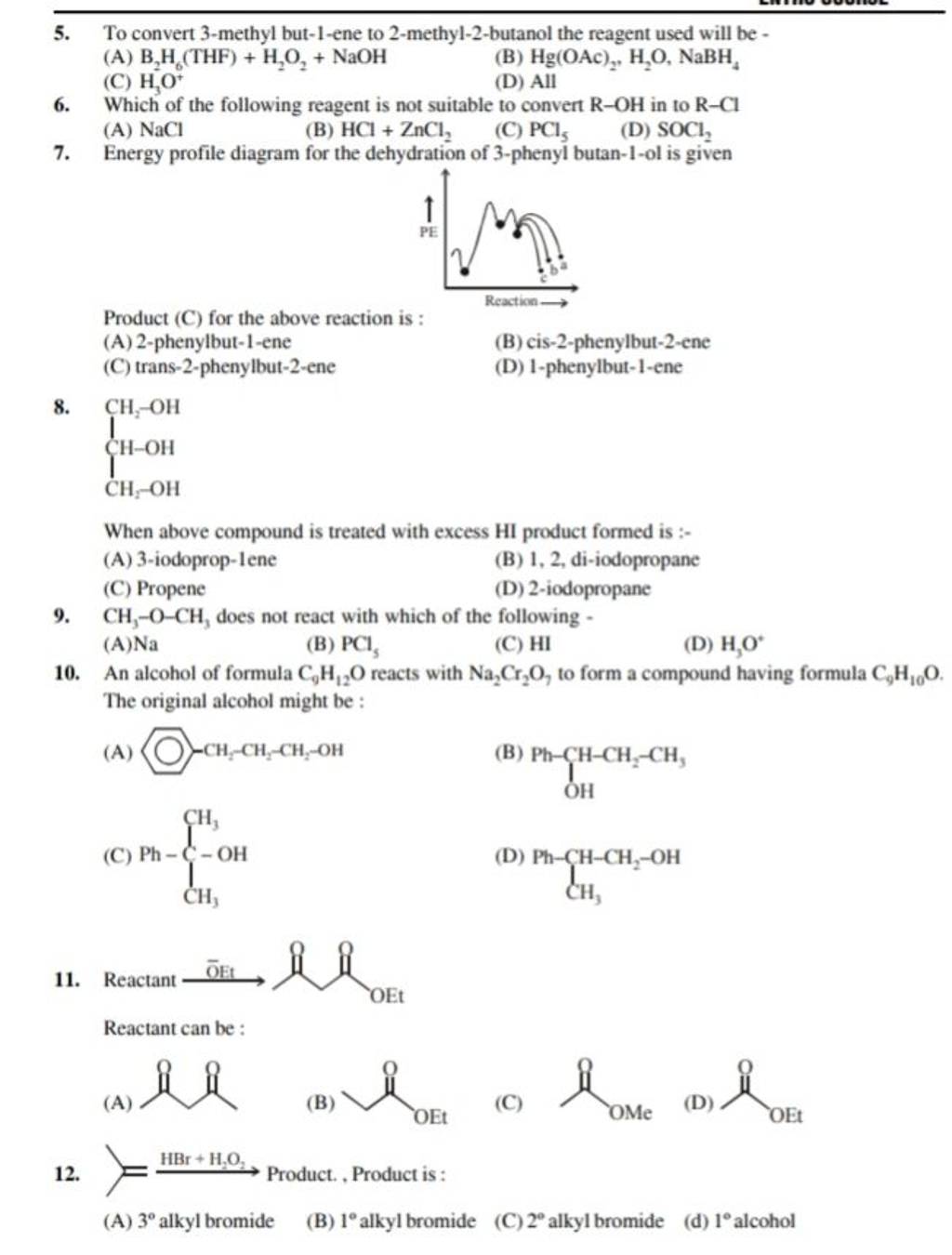 Energy profile diagram for the dehydration of 3-phenyl butan-1-ol is give..