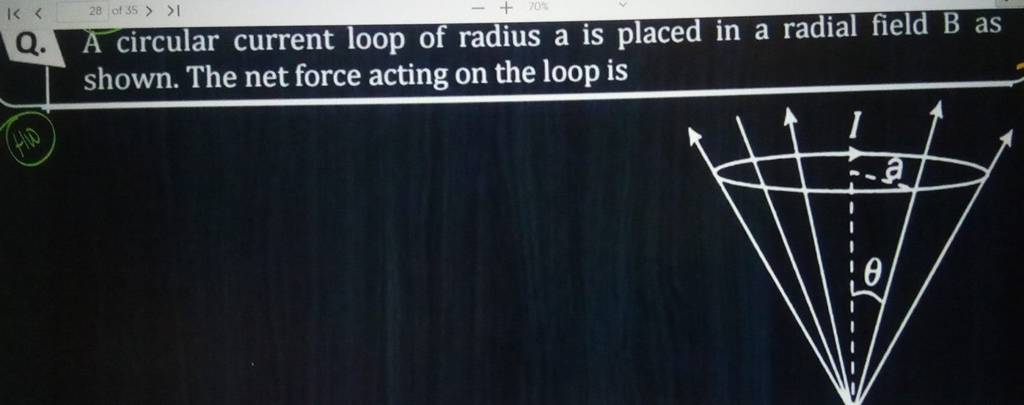 Q. A circular current loop of radius a is placed in a radial field B as s..