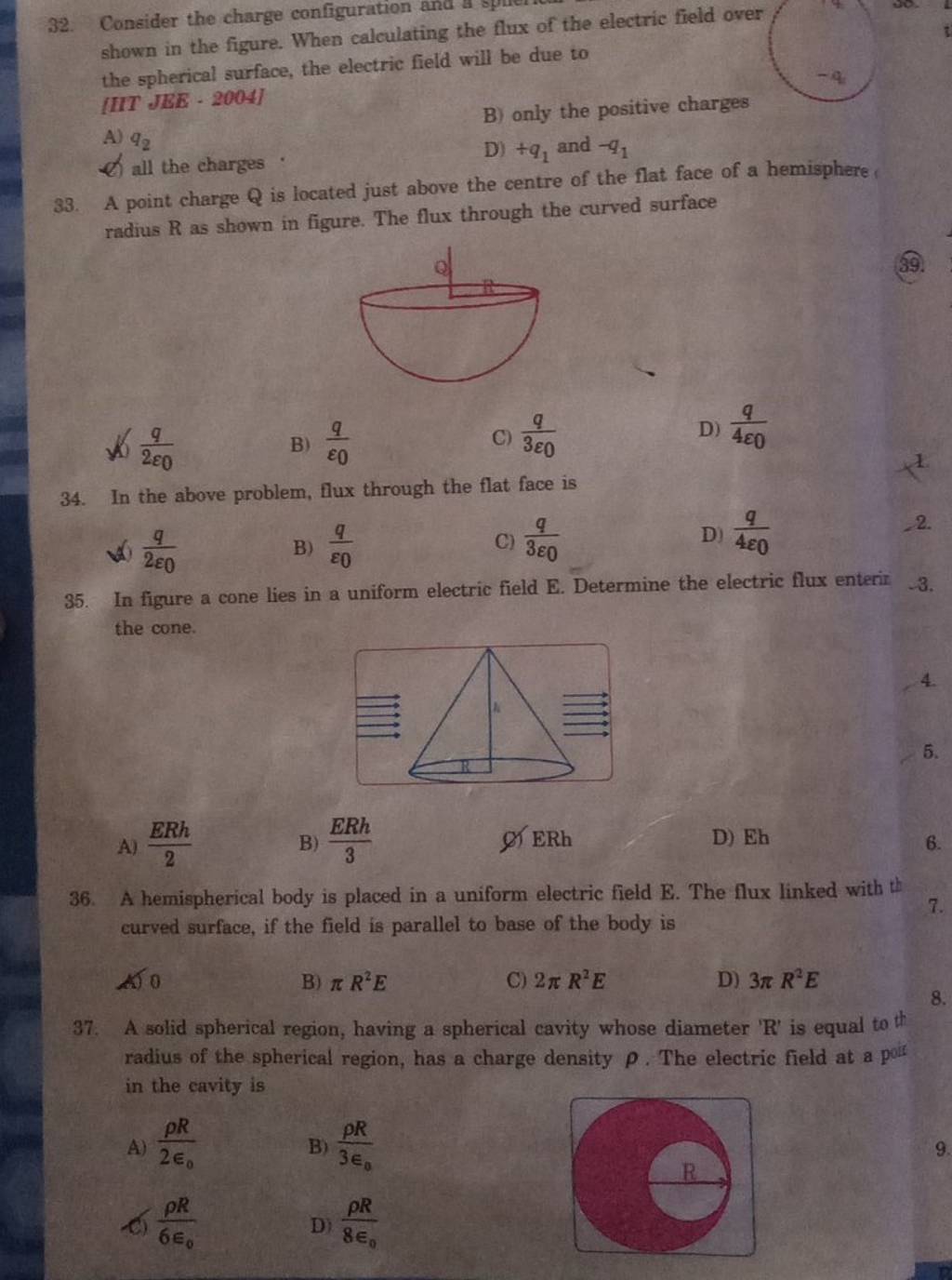 A hemispherical body is placed in a uniform electric field E. The flux li..