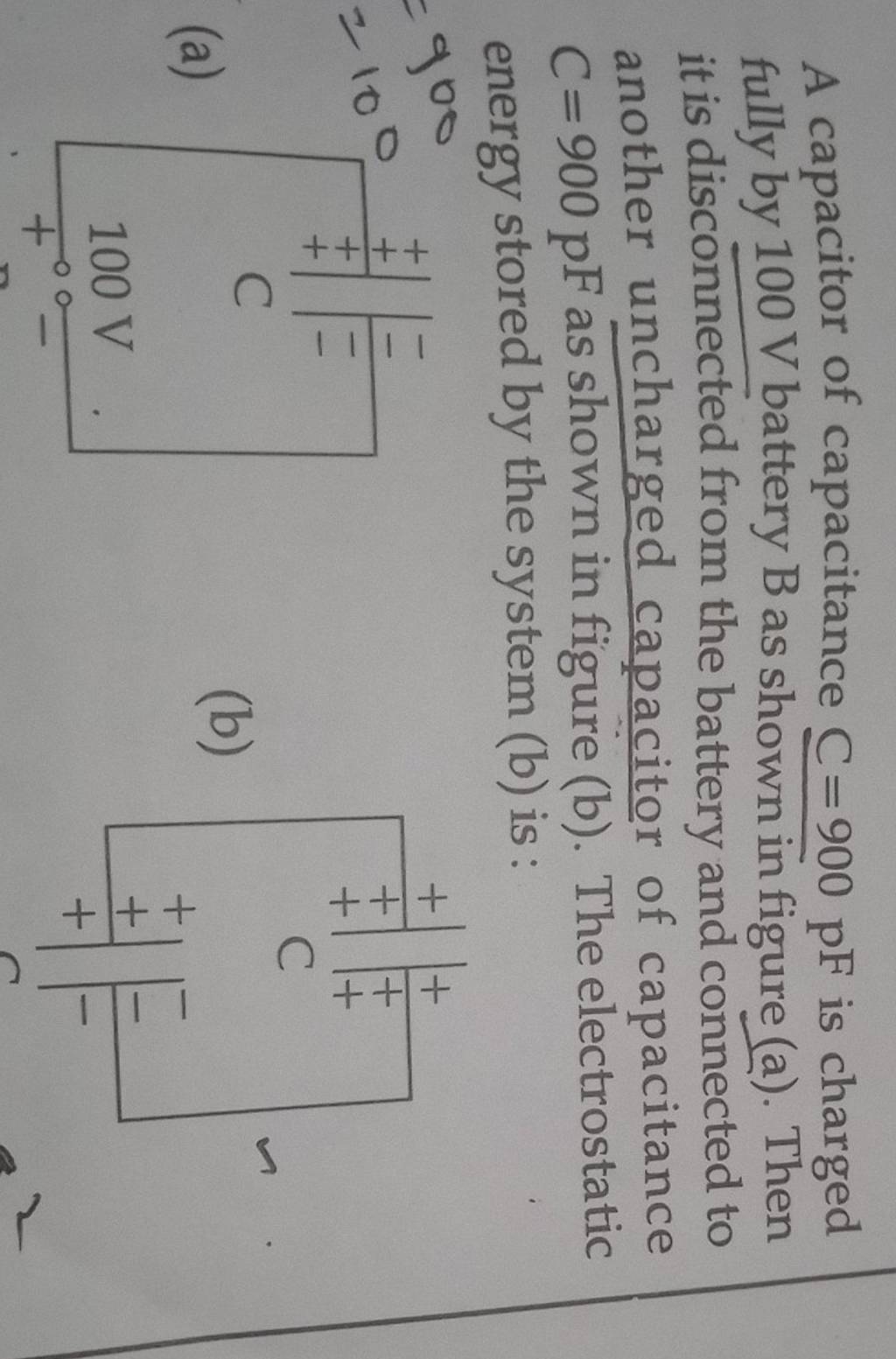 A capacitor of capacitance C=900pF is charged fully by 100 V battery B as..