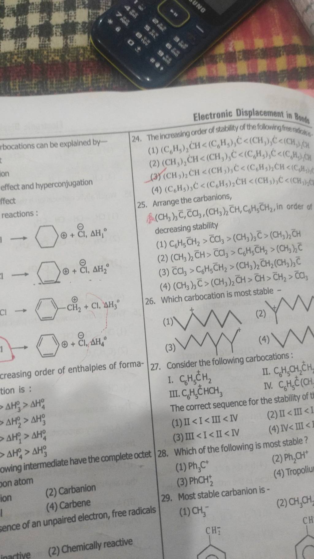 Arrange the carbanions, reactions: ( (CH3 )3 C,CCl3 ,(CH3 )2 CH1 C6 H5 C2..