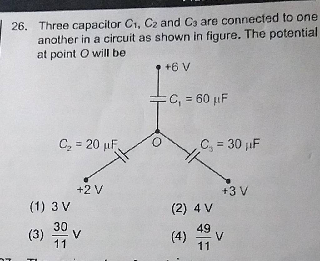 Three capacitor C1 ,C2 and C3 are connected to one another in a circuit..