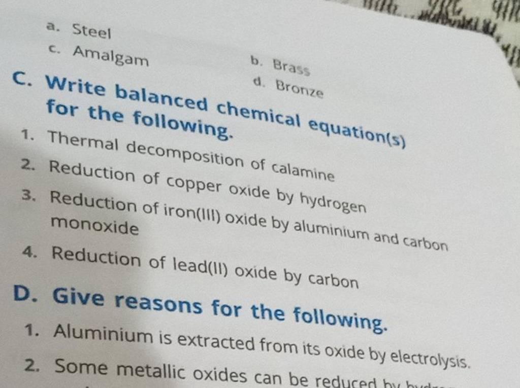Steel c. Amalgam b. Brass d. Bronze C. Write balanced chemical equation(s..