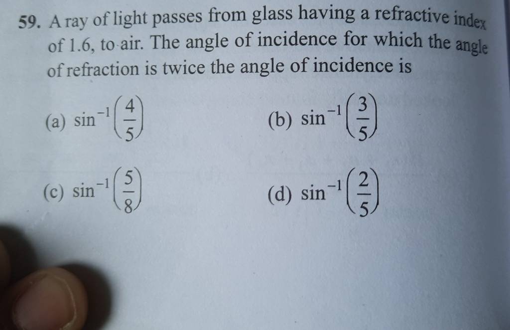 A ray of light passes from glass having a refractive index of 1.6, to air..