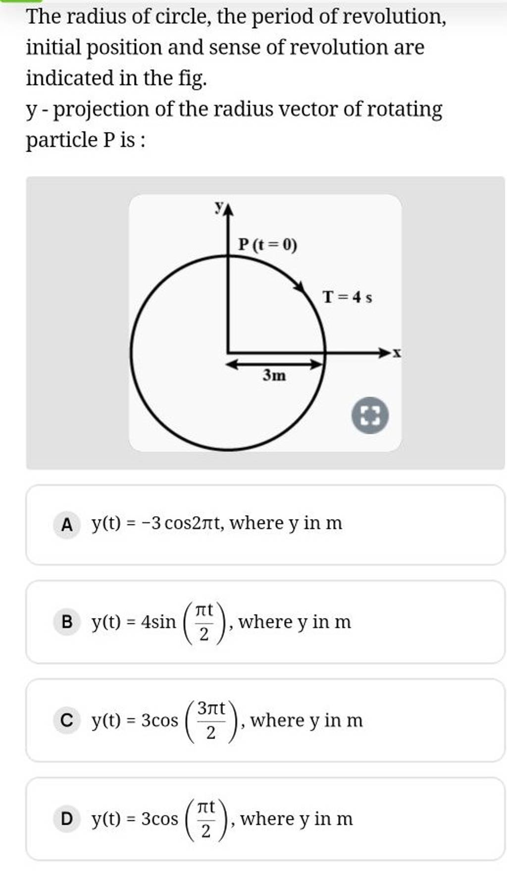 The radius of circle, the period of revolution, initial position and sens..