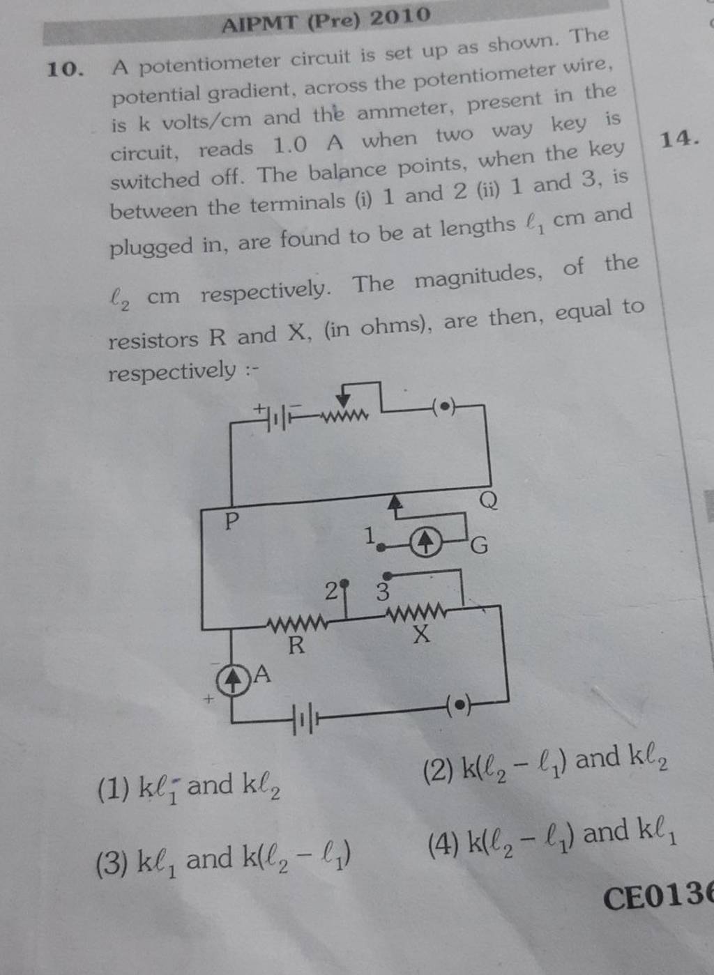 10. A potentiometer circuit is set up as shown. The potential gradient, a..