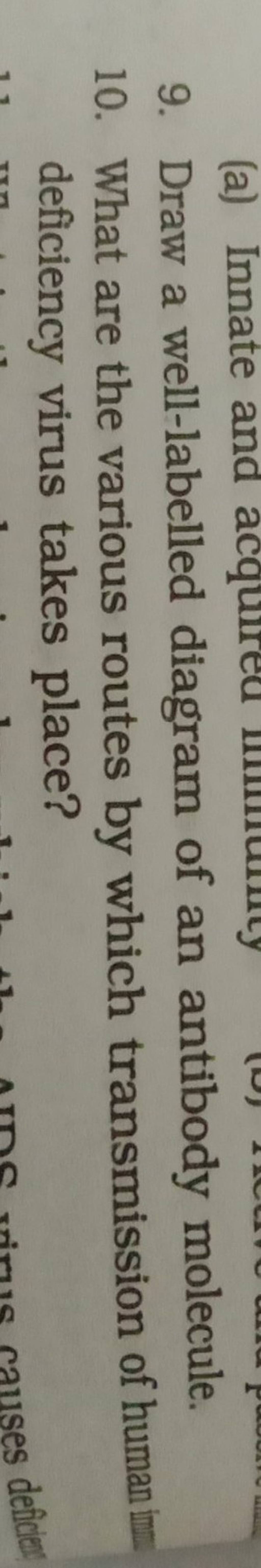 9. Draw a well-labelled diagram of an antibody molecule. 10. What are the..