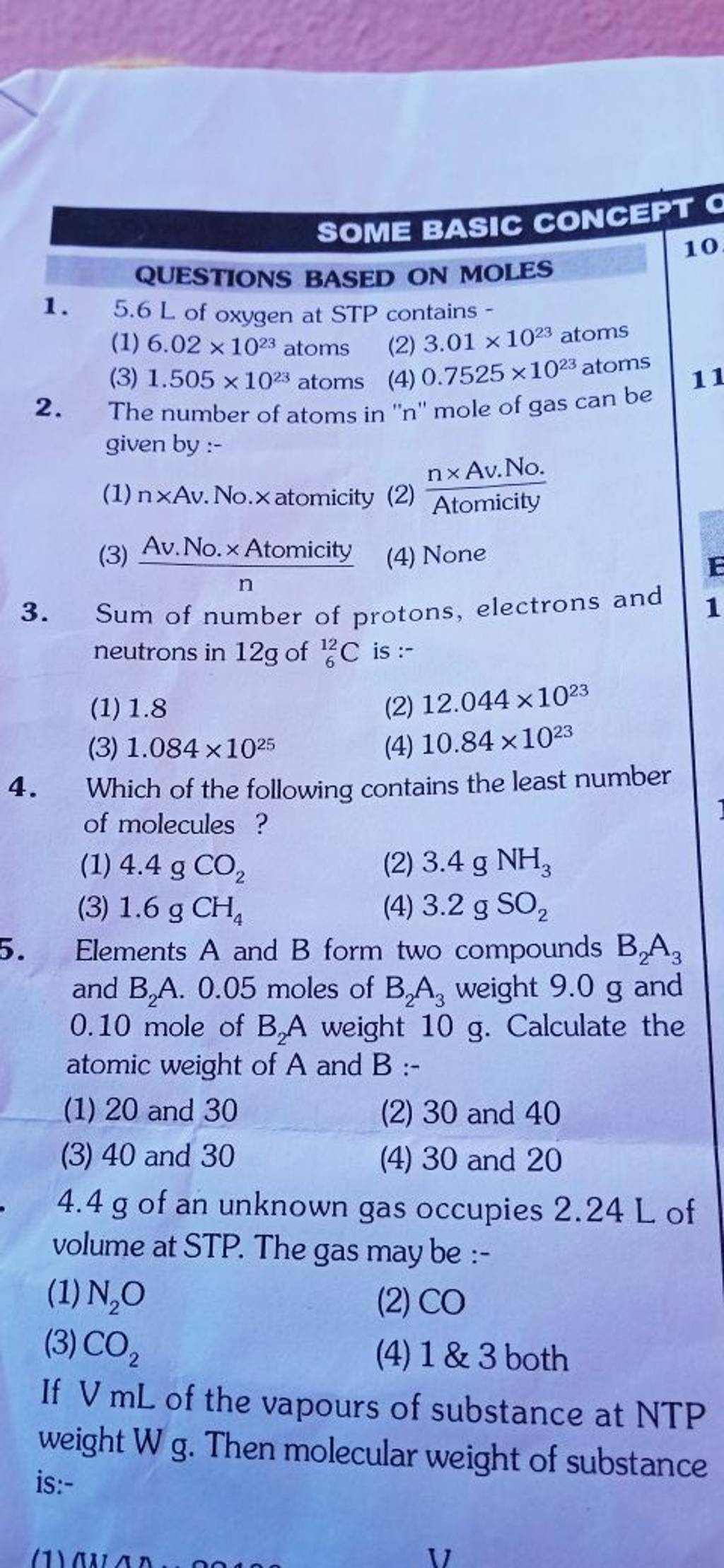 Elements A And B Form Two Compounds B2 A3 And B2 A.0.05 Moles Of B2 A3