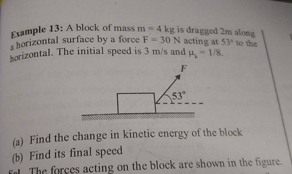 Example 13: A block of mass m=4 kg is dragged 2 m along a horizontal surf..