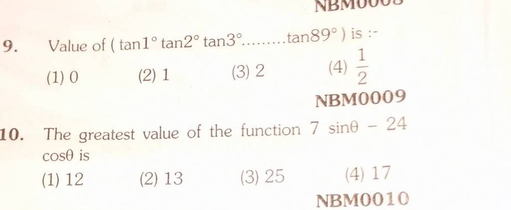 the value of tan1 tan2 tan3 tan89 is equal to