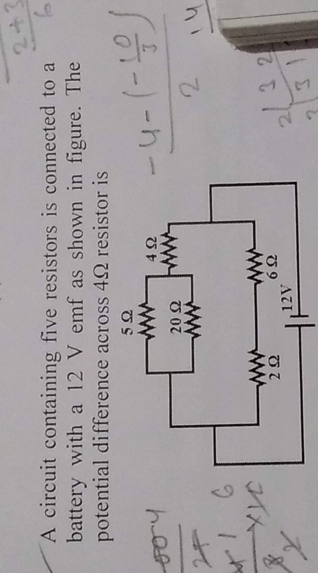 A circuit containing five resistors is connected to a battery with a 12 V..