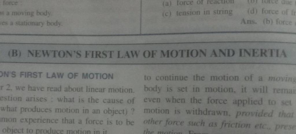 (B) NEWTON'S FIRST LAW OF MOTION AND INERTIA ON'S FIRST LAW OF MOTION To